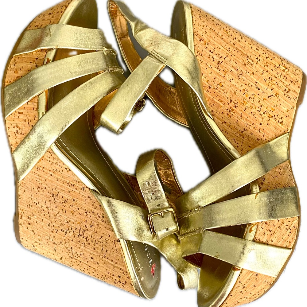 BCBGirls Gold Cork Wedge Platform Sandals